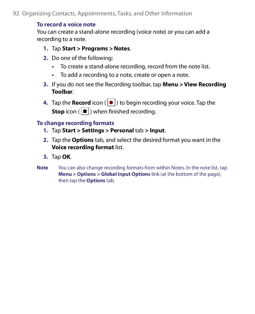 HTC ELF0160 user manual To record a voice note, To change recording formats, Tap Start Settings Personal tab Input 