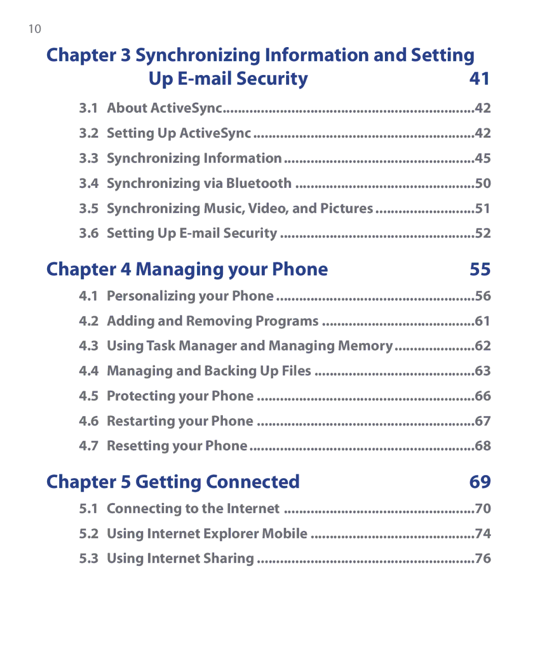 HTC EMC220 user manual Up E-mail Security, Managing your Phone, Getting Connected 