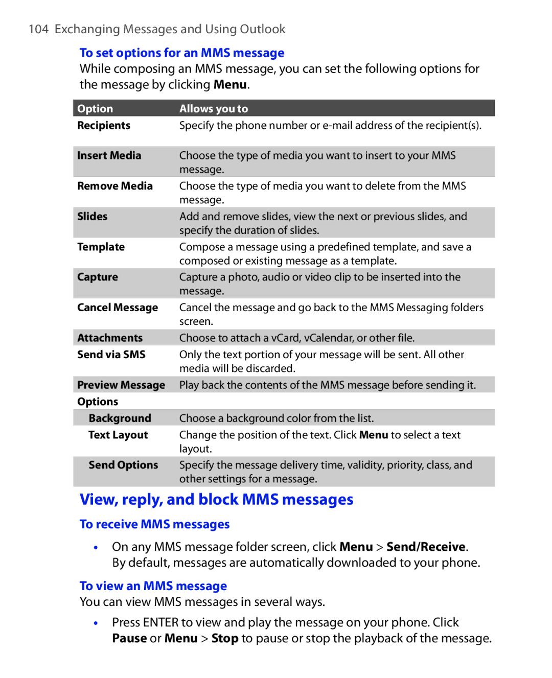 HTC EMC220 user manual View, reply, and block MMS messages, To set options for an MMS message, To receive MMS messages 