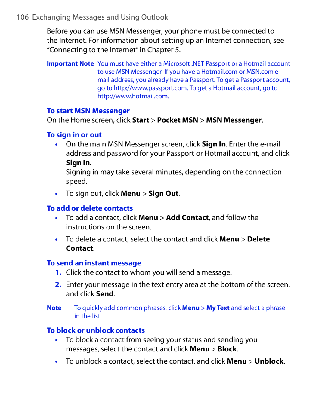 HTC EMC220 user manual To start MSN Messenger, To sign in or out, To add or delete contacts, To send an instant message 