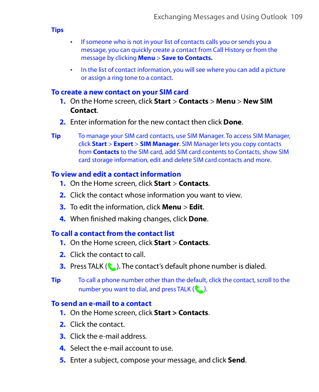 HTC EMC220 user manual To create a new contact on your SIM card, Enter information for the new contact then click Done 