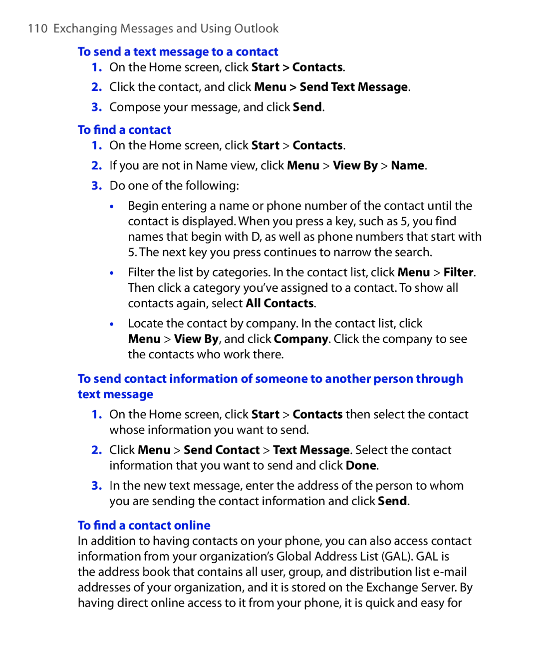 HTC EMC220 user manual To send a text message to a contact, To ﬁnd a contact online 