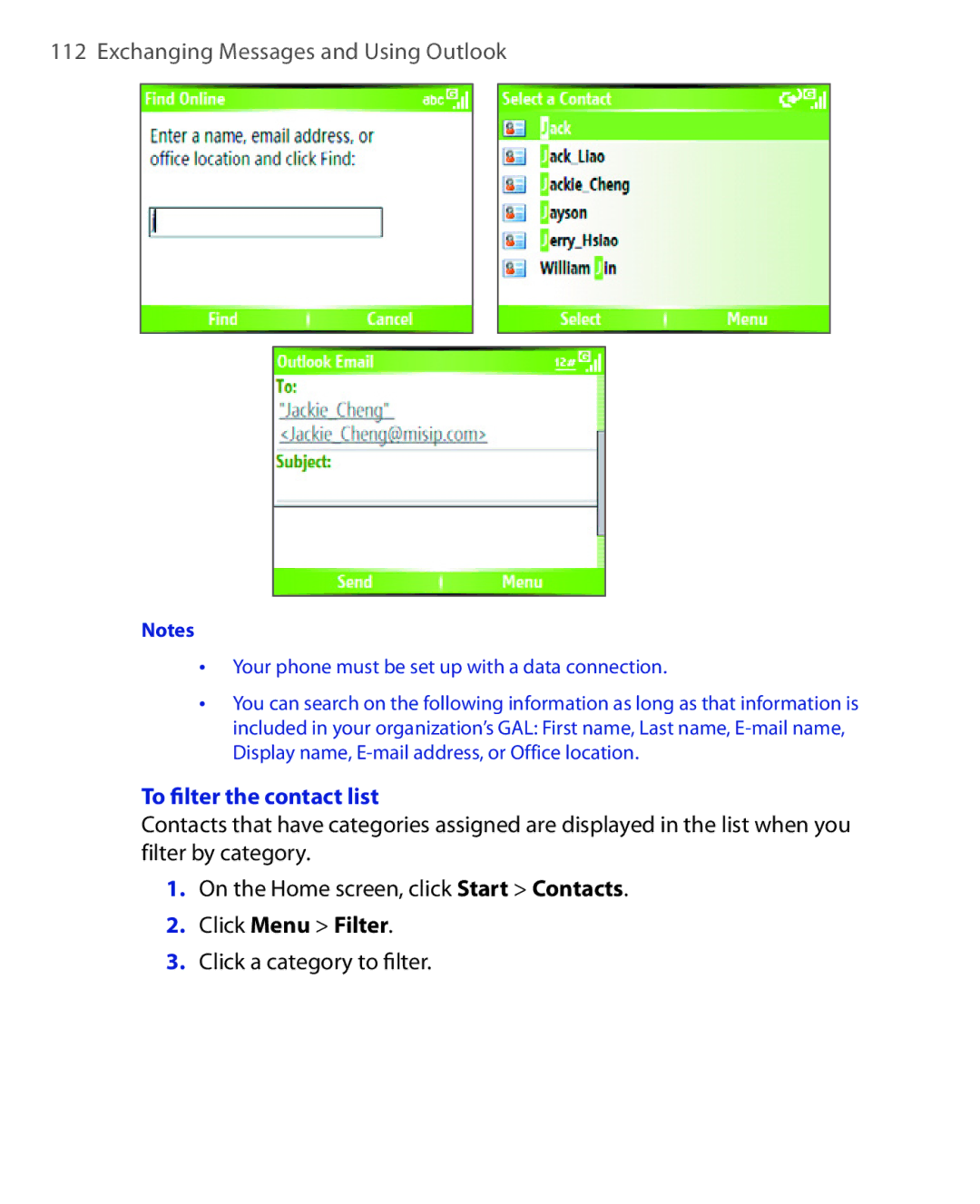 HTC EMC220 user manual To ﬁlter the contact list, Click Menu Filter, Click a category to ﬁlter 