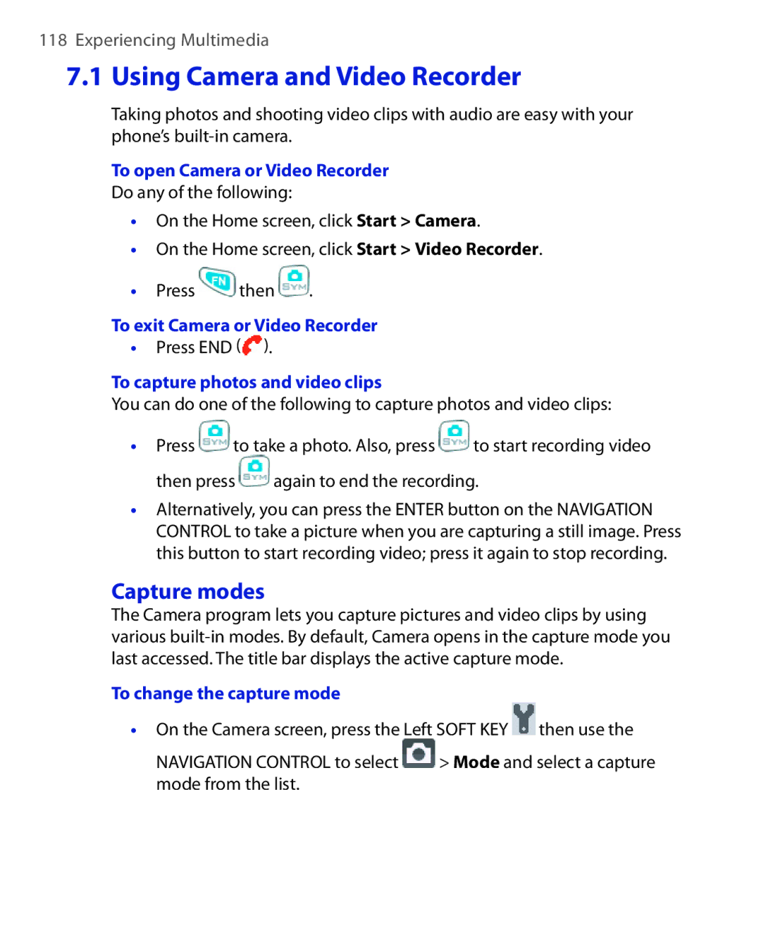 HTC EMC220 user manual Using Camera and Video Recorder, Capture modes 