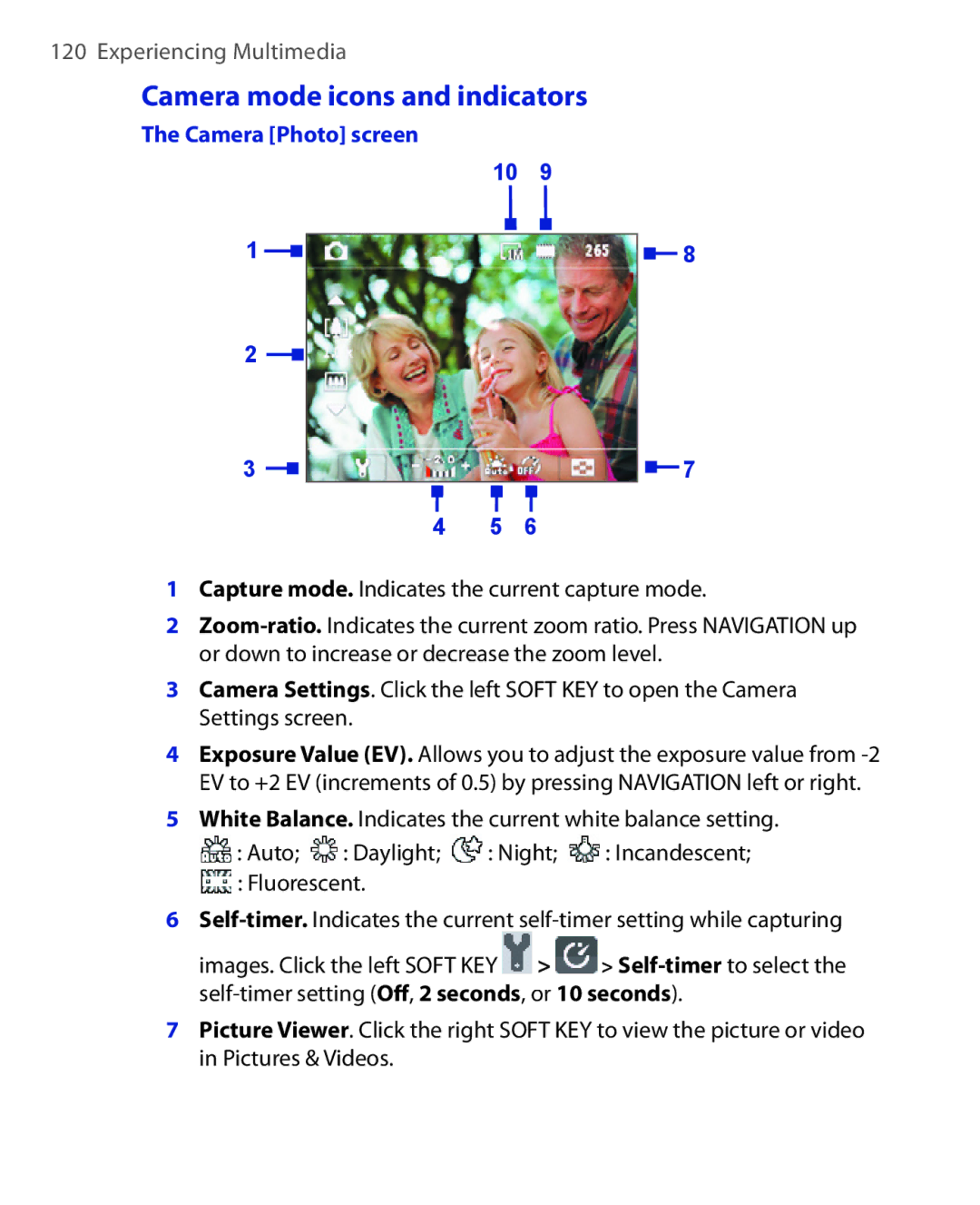 HTC EMC220 Camera mode icons and indicators, Camera Photo screen, Capture mode. Indicates the current capture mode 