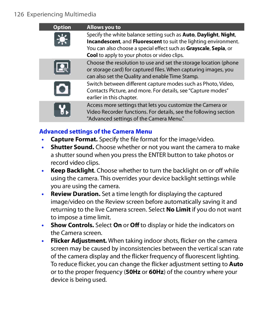 HTC EMC220 user manual Advanced settings of the Camera Menu, Cool to apply to your photos or video clips 