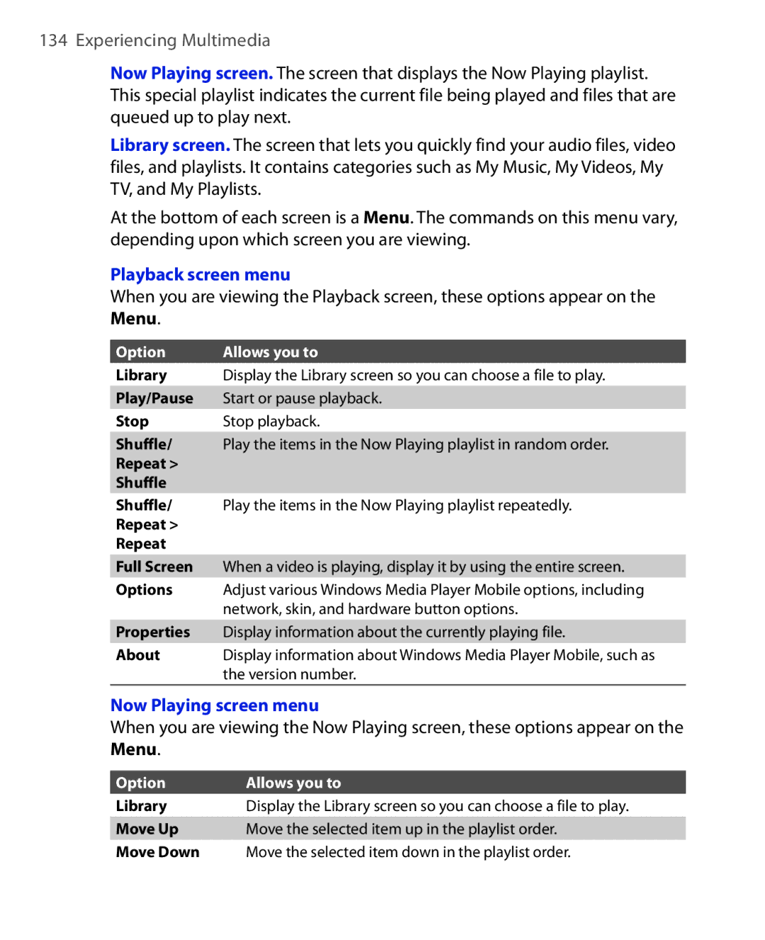 HTC EMC220 user manual Playback screen menu, Menu, Now Playing screen menu 