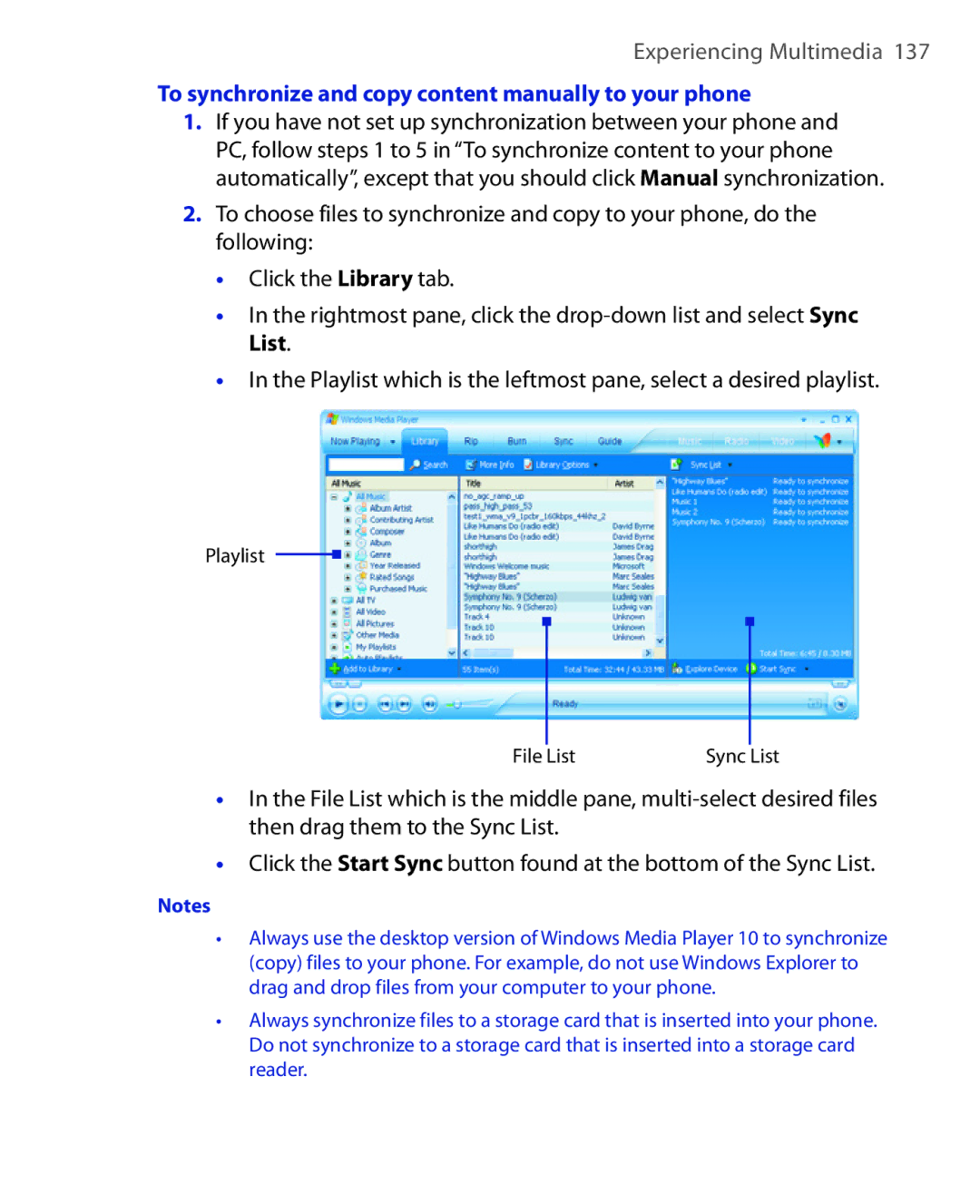 HTC EMC220 user manual To synchronize and copy content manually to your phone, List 