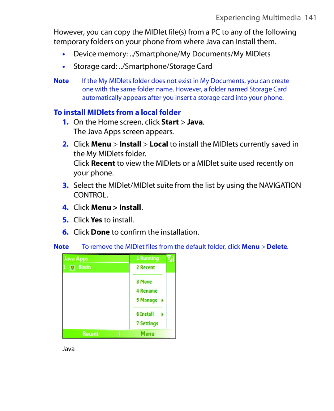 HTC EMC220 user manual To install MIDlets from a local folder, Click Menu Install 