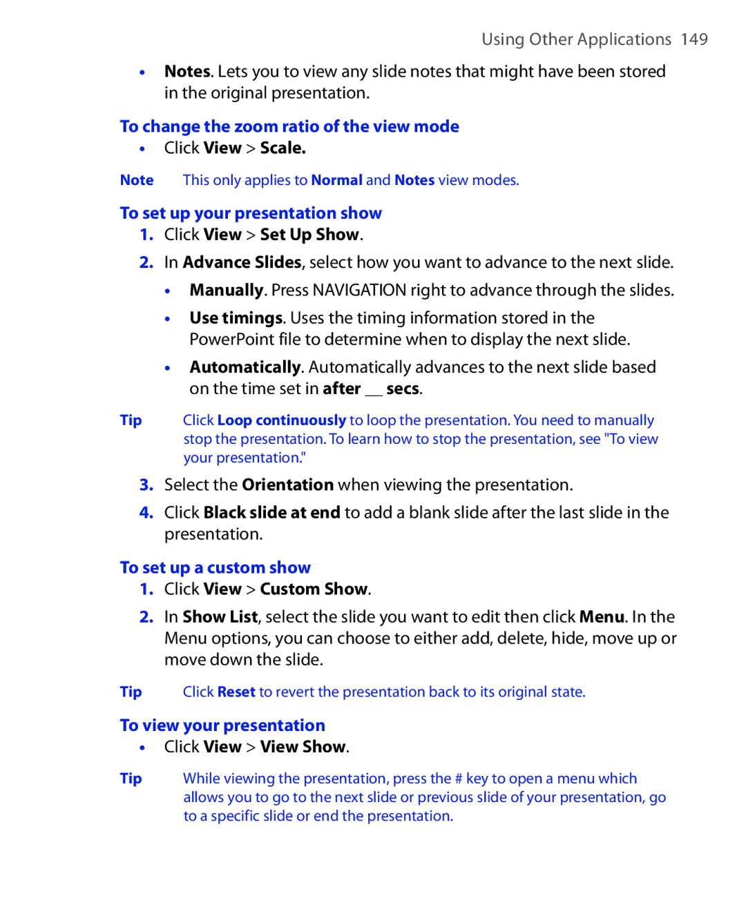 HTC EMC220 user manual To change the zoom ratio of the view mode, To set up your presentation show, To set up a custom show 