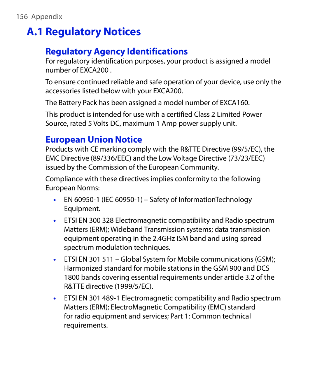 HTC EMC220 user manual Regulatory Notices, Regulatory Agency Identifications, European Union Notice 