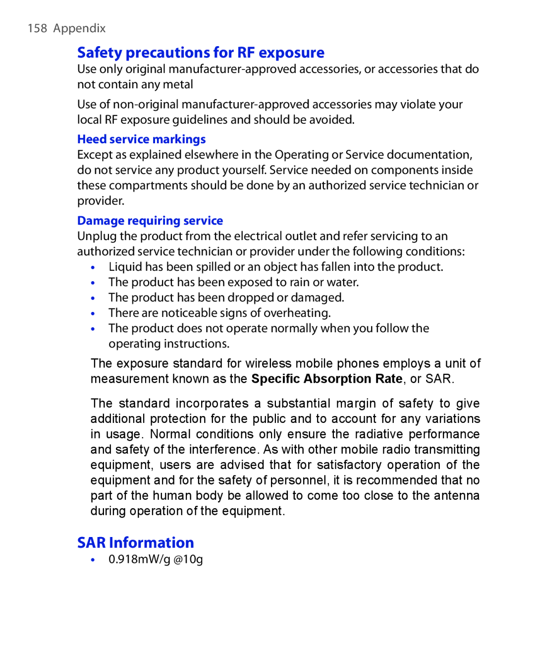 HTC EMC220 user manual Safety precautions for RF exposure, SAR Information, 918mW/g @10g 