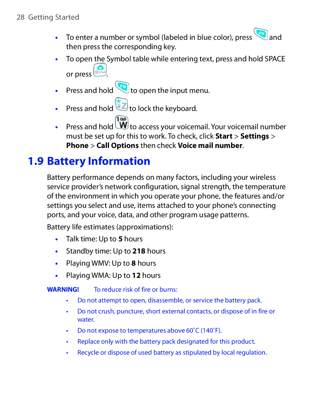 HTC EMC220 user manual Battery Information 