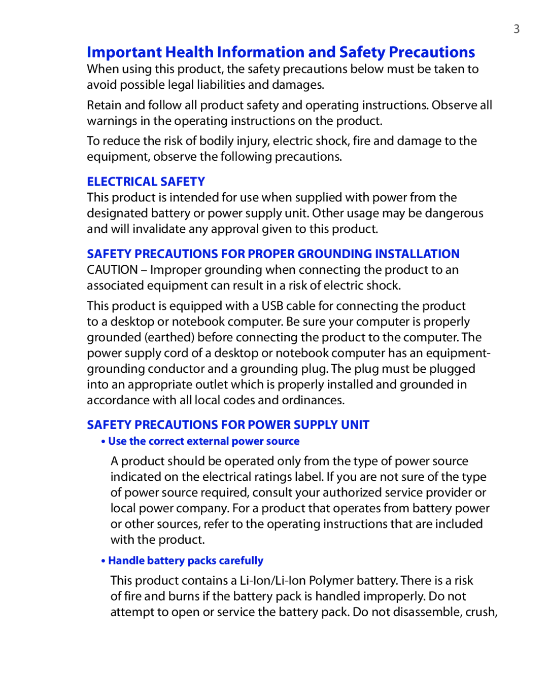 HTC EMC220 user manual Important Health Information and Safety Precautions, Electrical Safety 