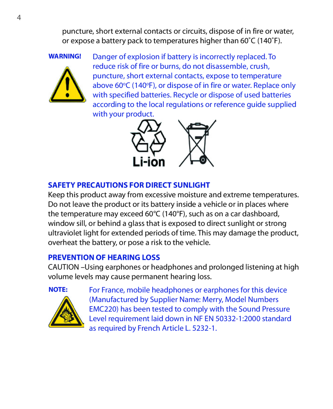 HTC EMC220 user manual Prevention of Hearing Loss 