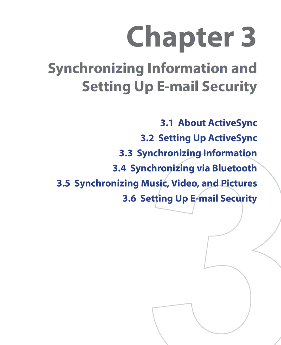 HTC EMC220 user manual Synchronizing Information and Setting Up E-mail Security 