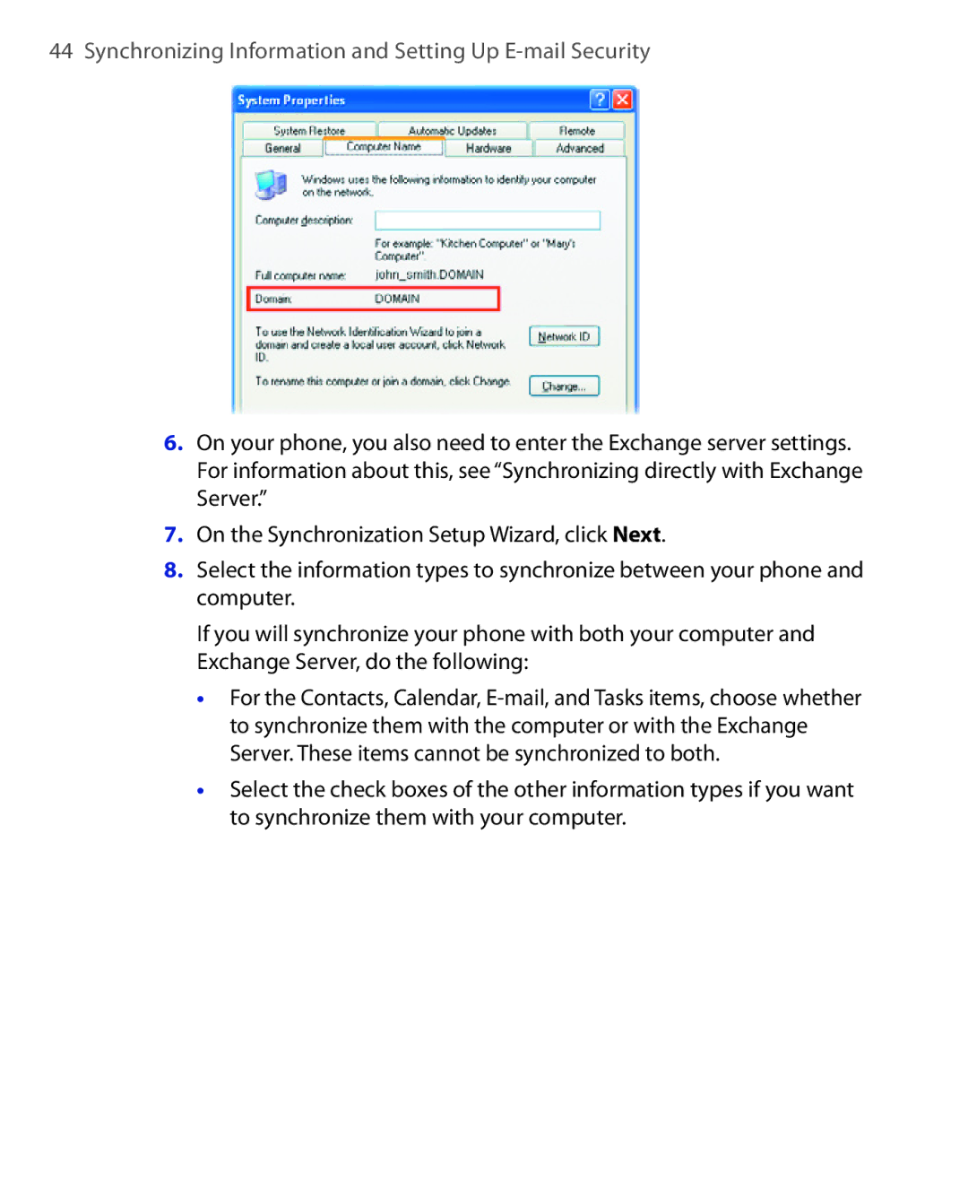 HTC EMC220 user manual Synchronizing Information and Setting Up E-mail Security 