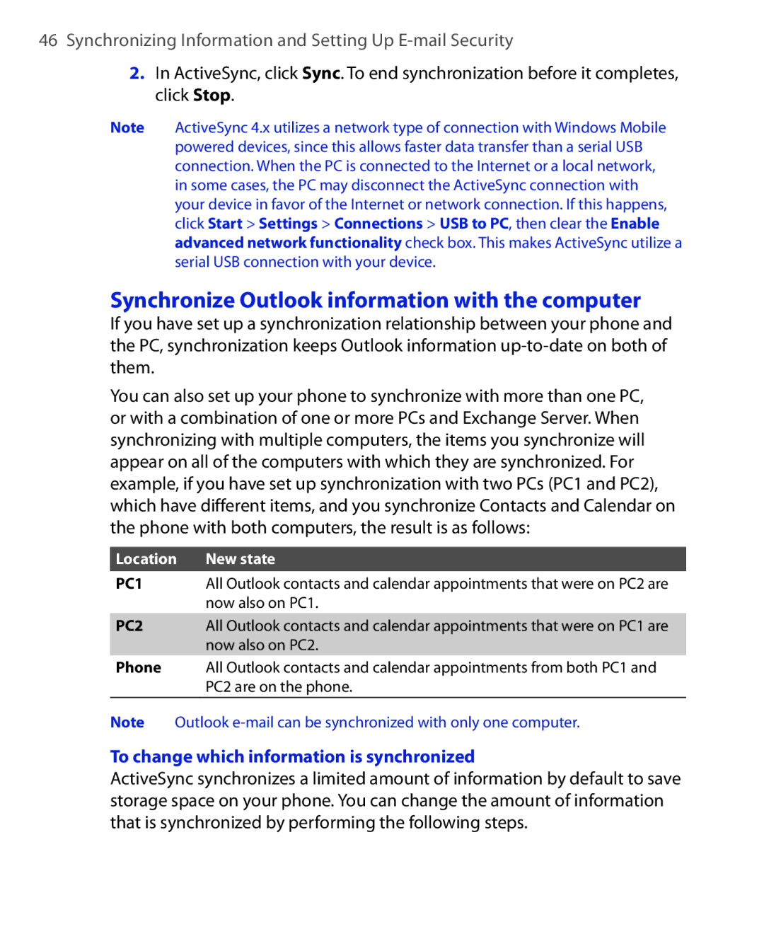 HTC EMC220 user manual Synchronize Outlook information with the computer, To change which information is synchronized 