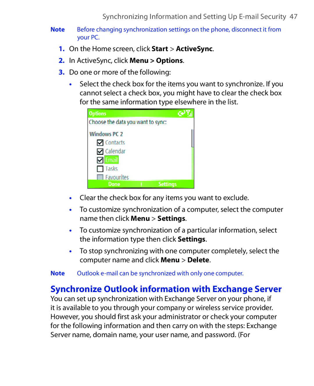 HTC EMC220 user manual Synchronize Outlook information with Exchange Server 