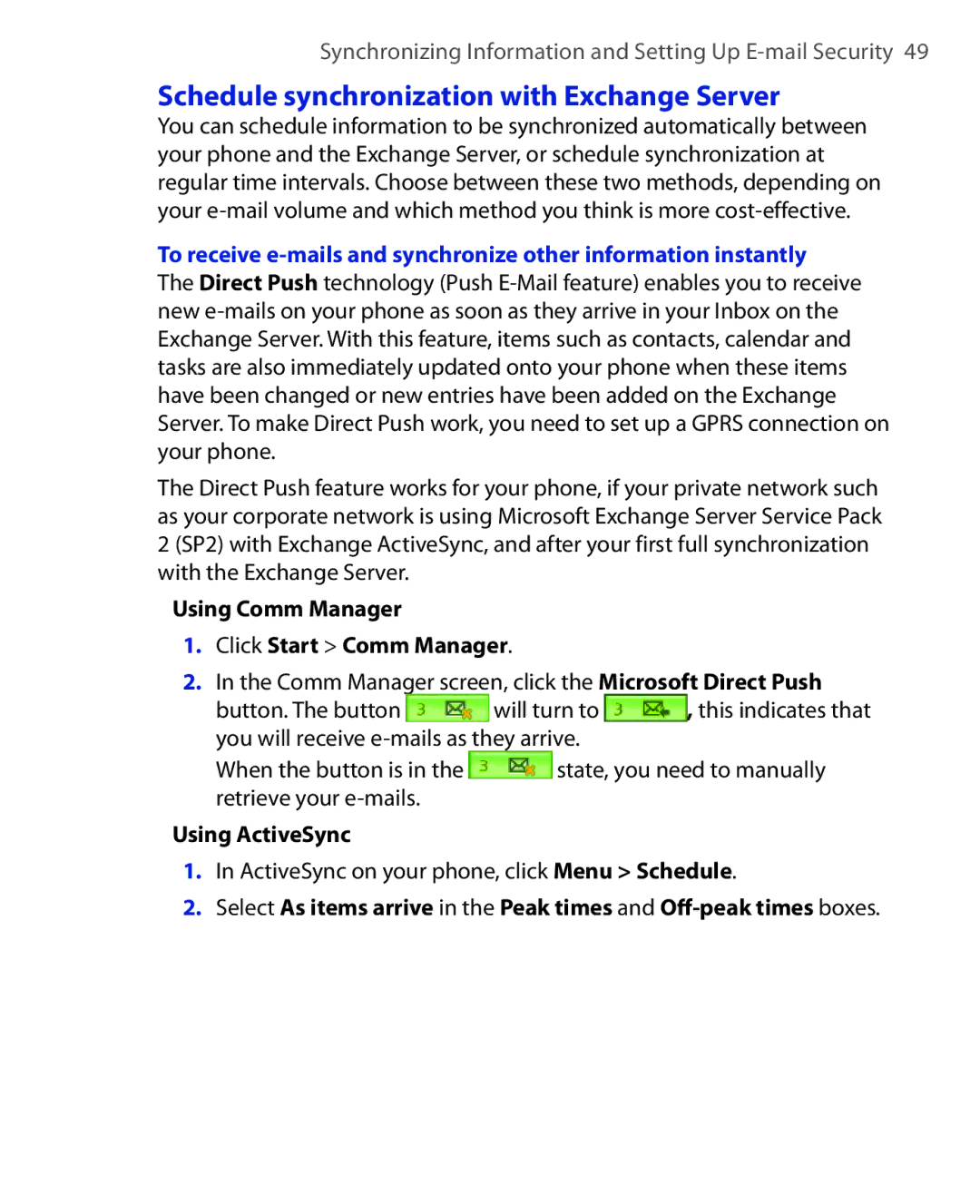 HTC EMC220 Schedule synchronization with Exchange Server, Using Comm Manager Click Start Comm Manager, Using ActiveSync 