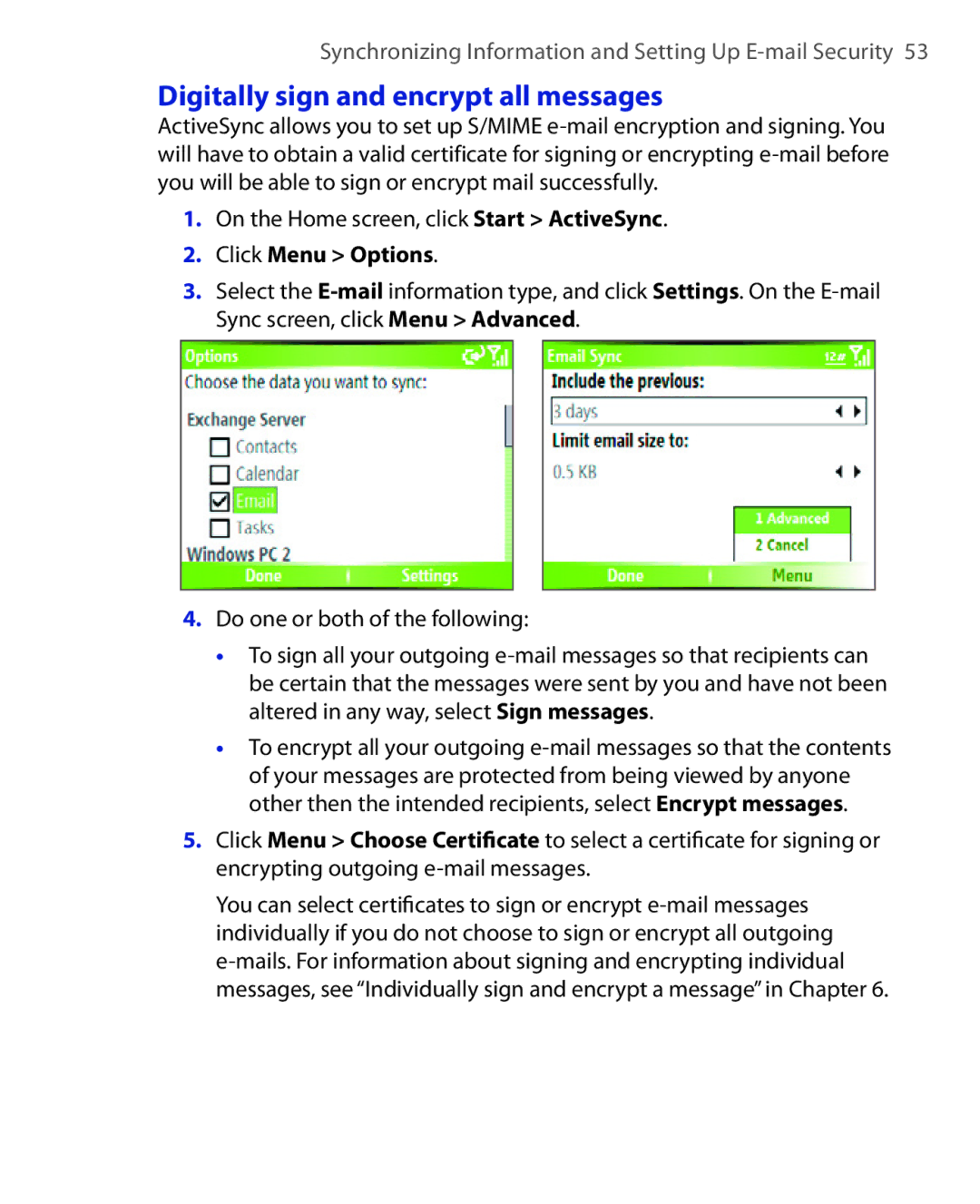 HTC EMC220 user manual Digitally sign and encrypt all messages, Click Menu Options 