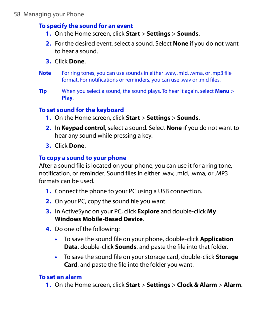 HTC EMC220 user manual To specify the sound for an event, To set sound for the keyboard, To copy a sound to your phone 