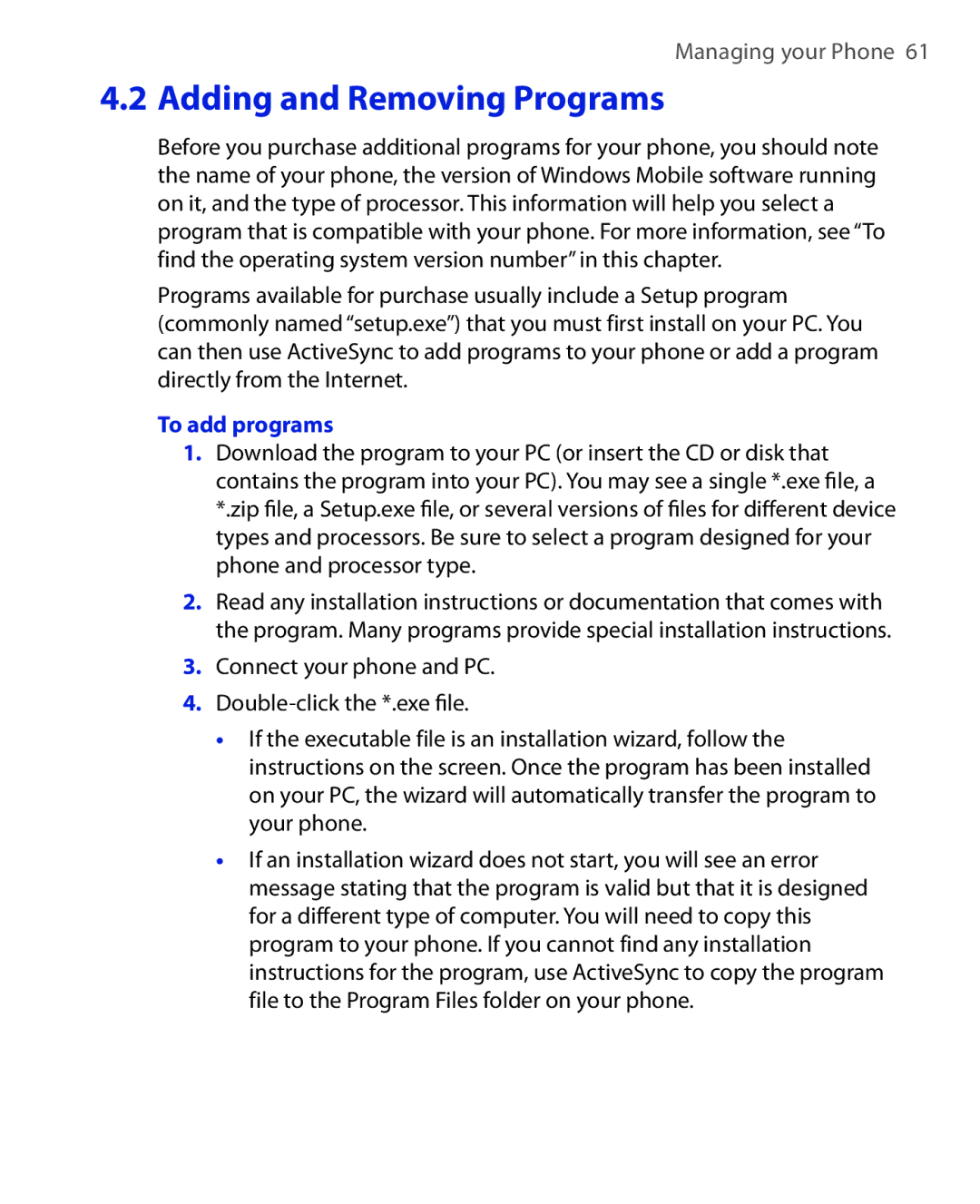 HTC EMC220 user manual Adding and Removing Programs, To add programs 