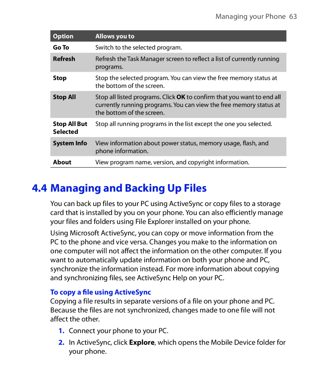 HTC EMC220 user manual To copy a ﬁle using ActiveSync, Option Allows you to 