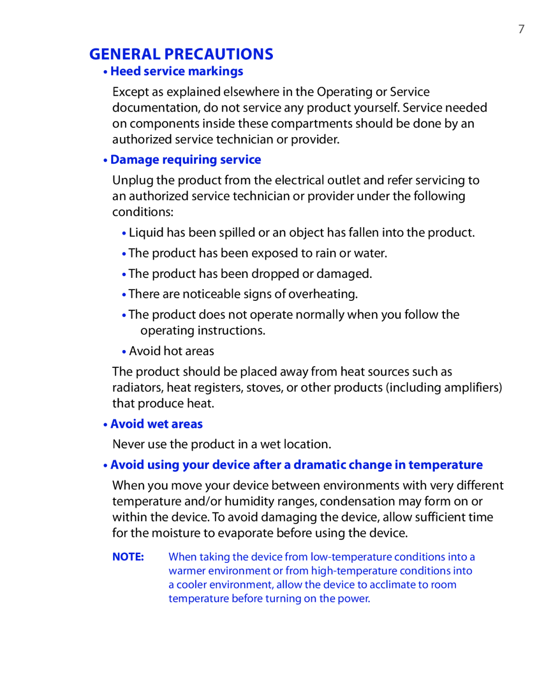 HTC EMC220 Heed service markings, Damage requiring service, Avoid wet areas, Never use the product in a wet location 