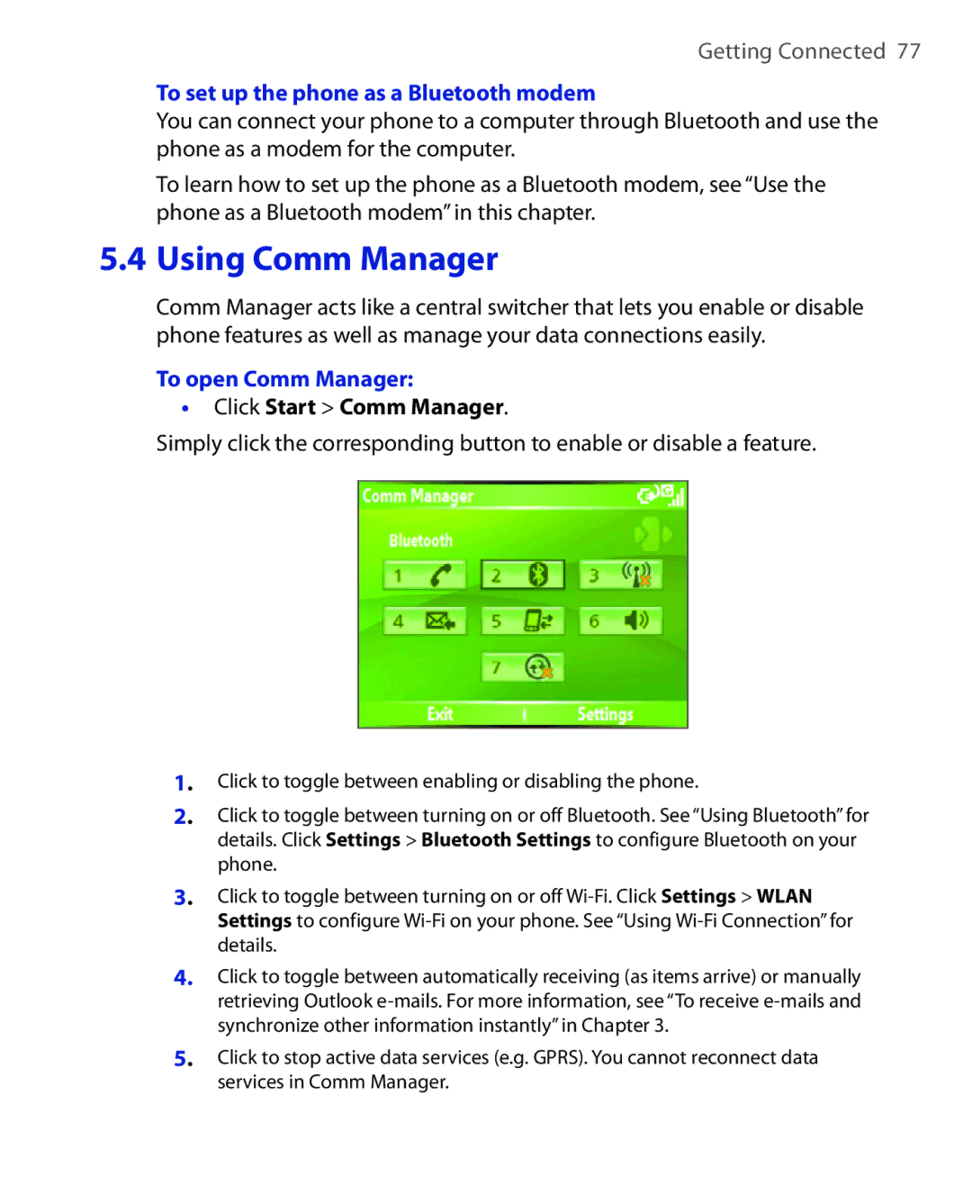 HTC EMC220 user manual To set up the phone as a Bluetooth modem, To open Comm Manager 