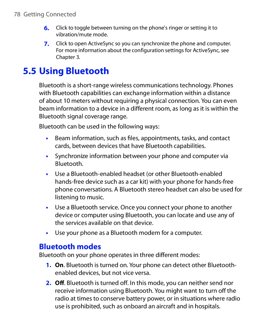 HTC EMC220 user manual Using Bluetooth, Bluetooth modes 