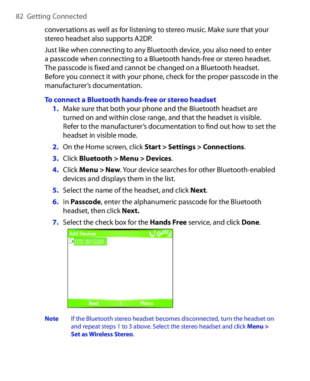 HTC EMC220 user manual To connect a Bluetooth hands-free or stereo headset 