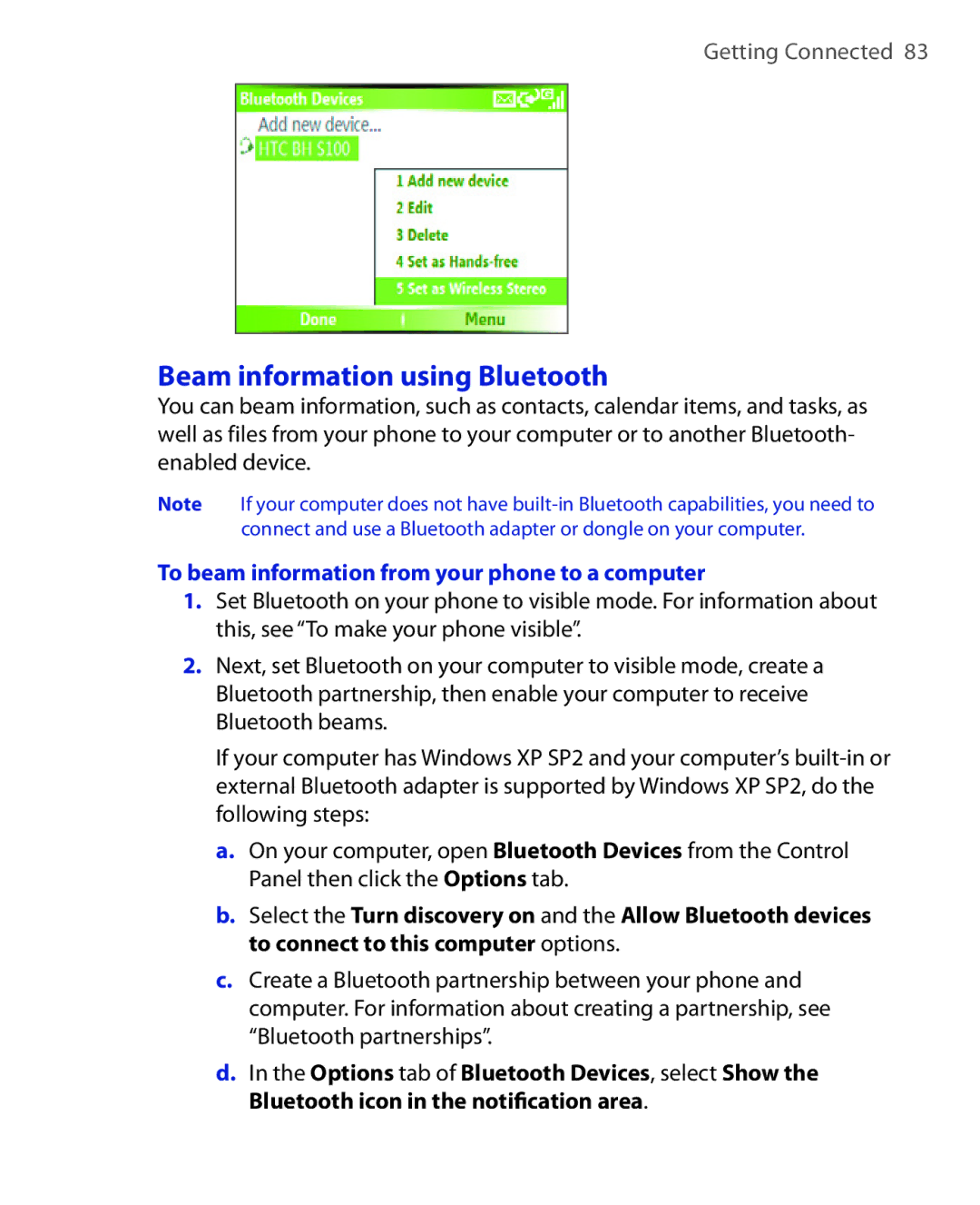 HTC EMC220 user manual Beam information using Bluetooth, To beam information from your phone to a computer 