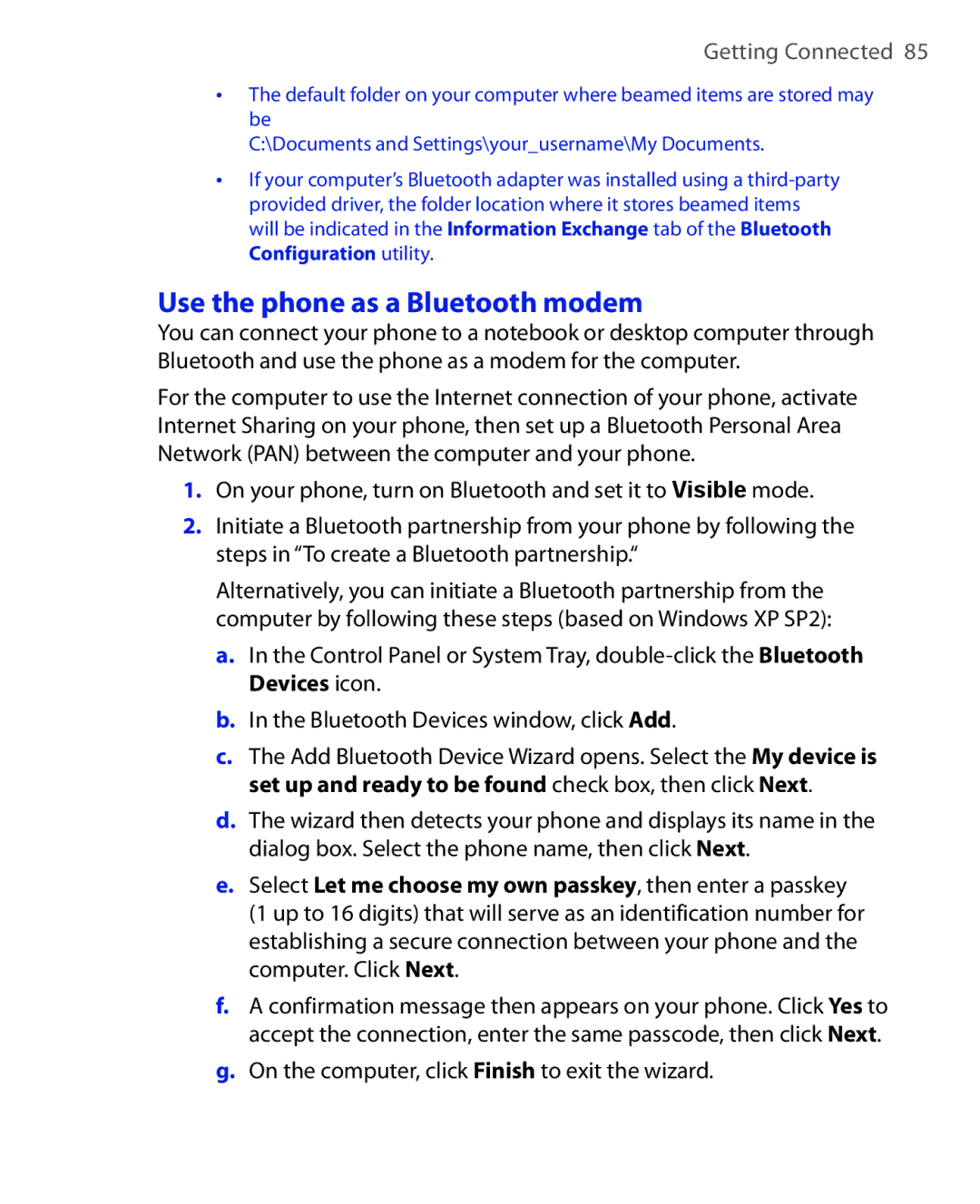 HTC EMC220 user manual Use the phone as a Bluetooth modem, On the computer, click Finish to exit the wizard 