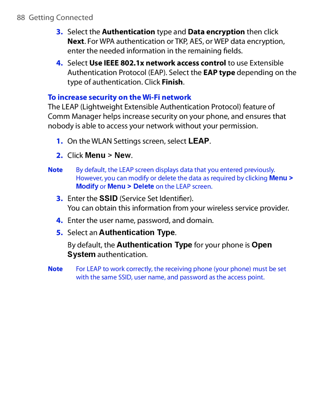 HTC EMC220 user manual To increase security on the Wi-Fi network, Select an Authentication Type 