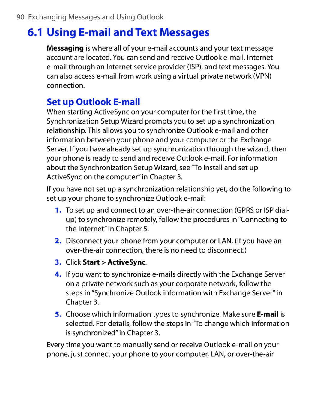 HTC EMC220 user manual Using E-mail and Text Messages, Set up Outlook E-mail, Click Start ActiveSync 