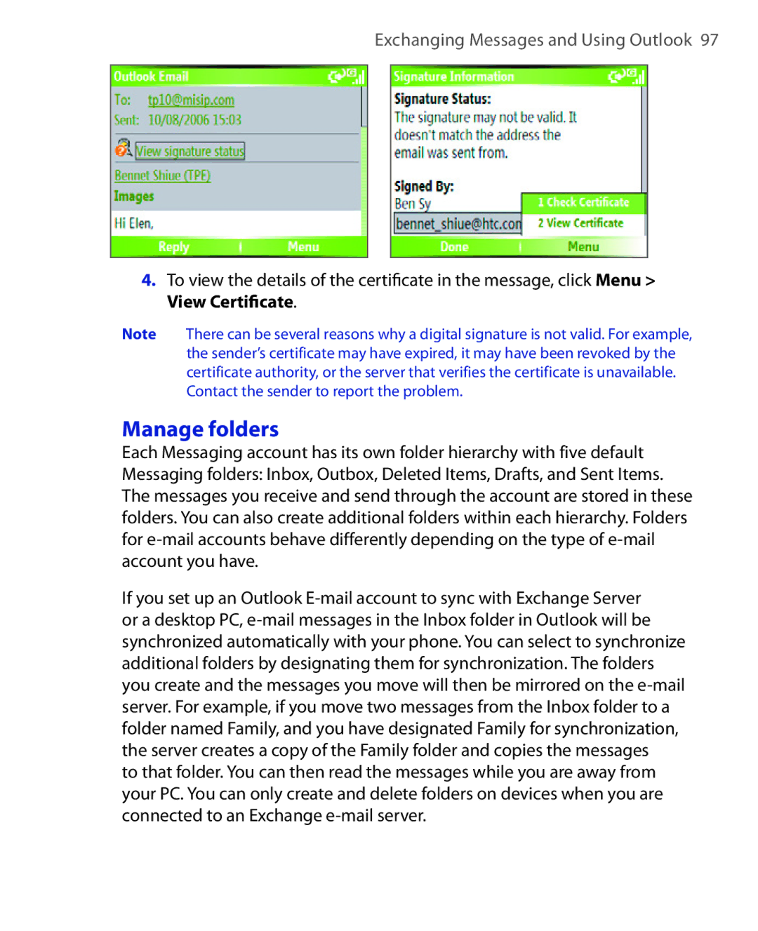 HTC EMC220 user manual Manage folders, View Certiﬁcate 