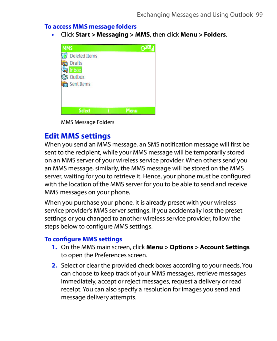 HTC EMC220 user manual Edit MMS settings, To access MMS message folders, Click Start Messaging MMS, then click Menu Folders 