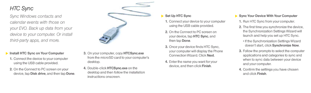 HTC EVO4G manual Install HTC Sync on Your Computer 