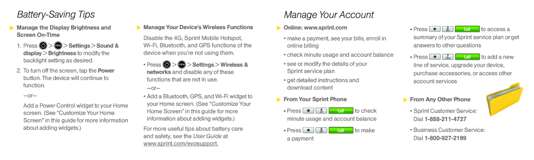 HTC EVO4G manual Battery-Saving Tips, Manage Your Account 