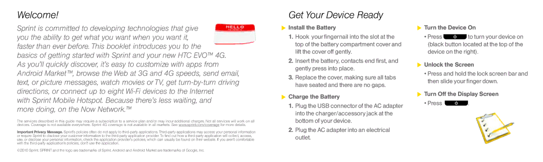 HTC EVO4G manual Welcome, Get Your Device Ready 