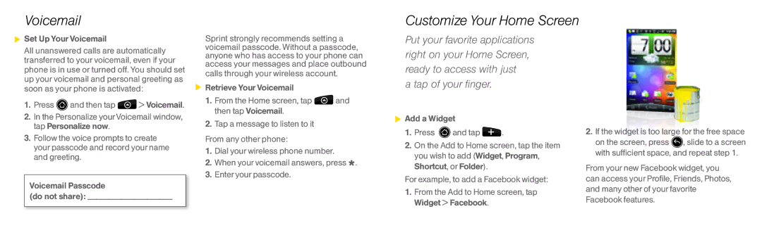 HTC EVO4G manual Customize Your Home Screen, Set Up Your Voicemail 