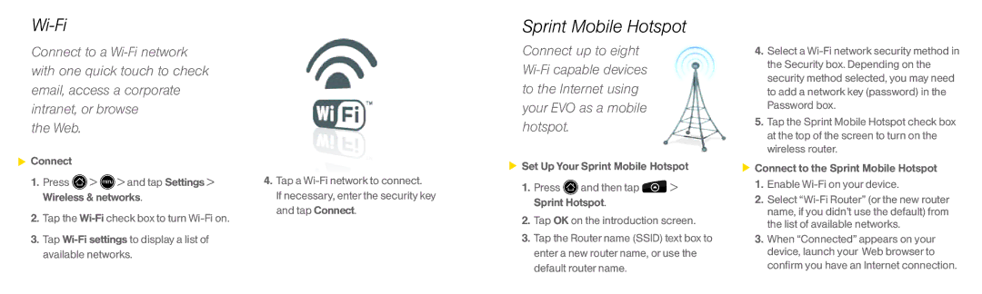 HTC EVO4G manual Wi-Fi, Sprint Mobile Hotspot 