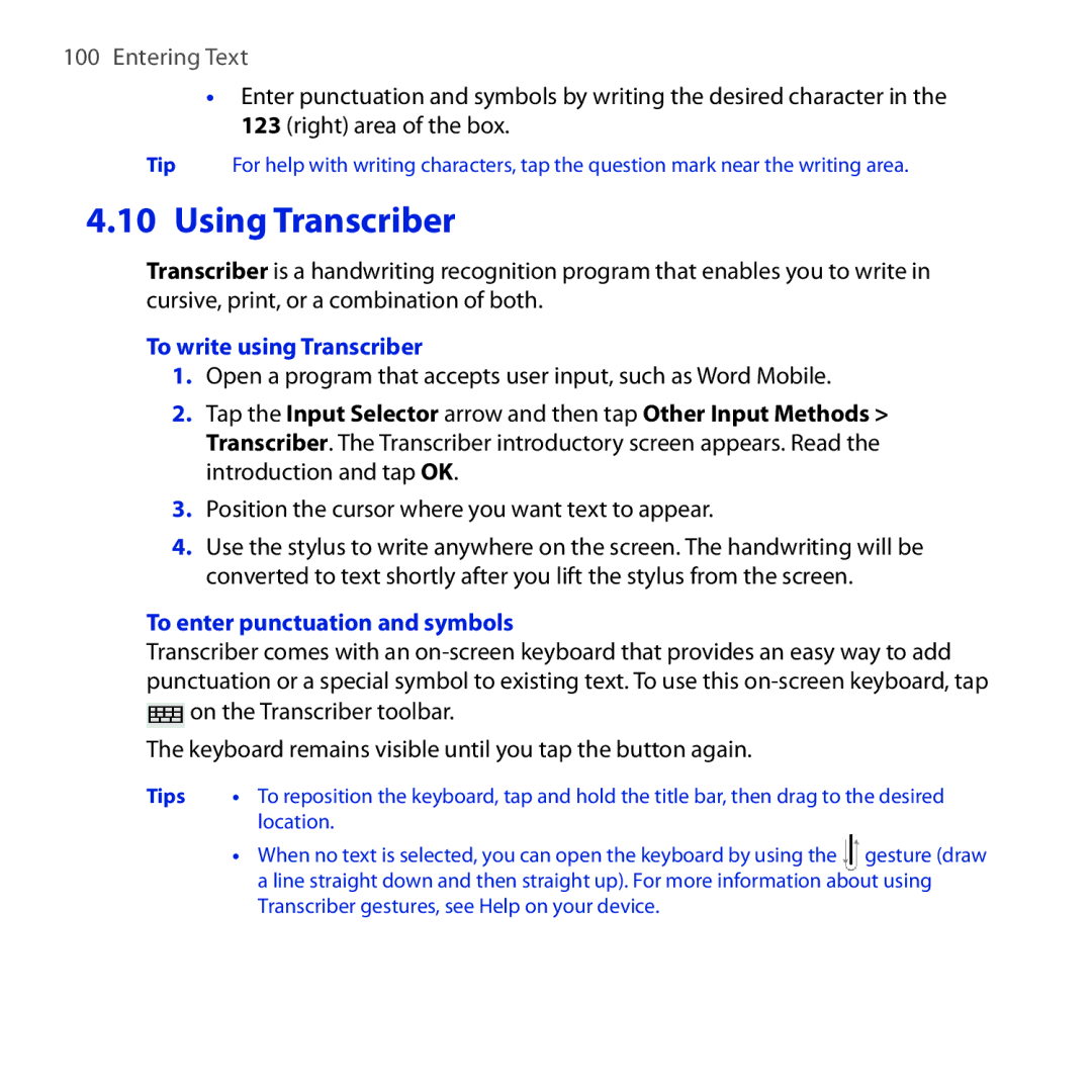 HTC FUZE user manual To write using Transcriber, To enter punctuation and symbols 