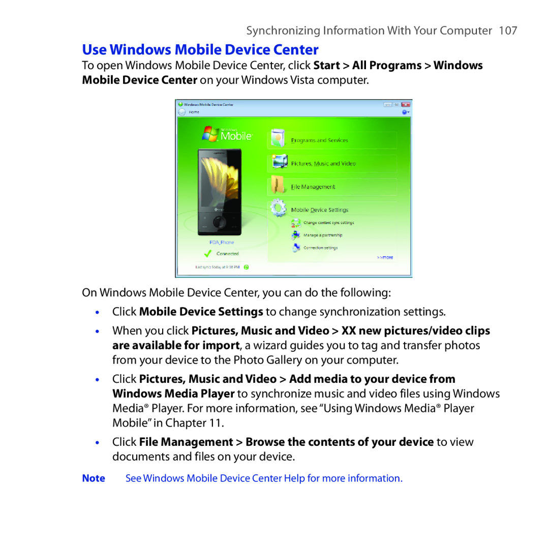 HTC FUZE user manual Use Windows Mobile Device Center 