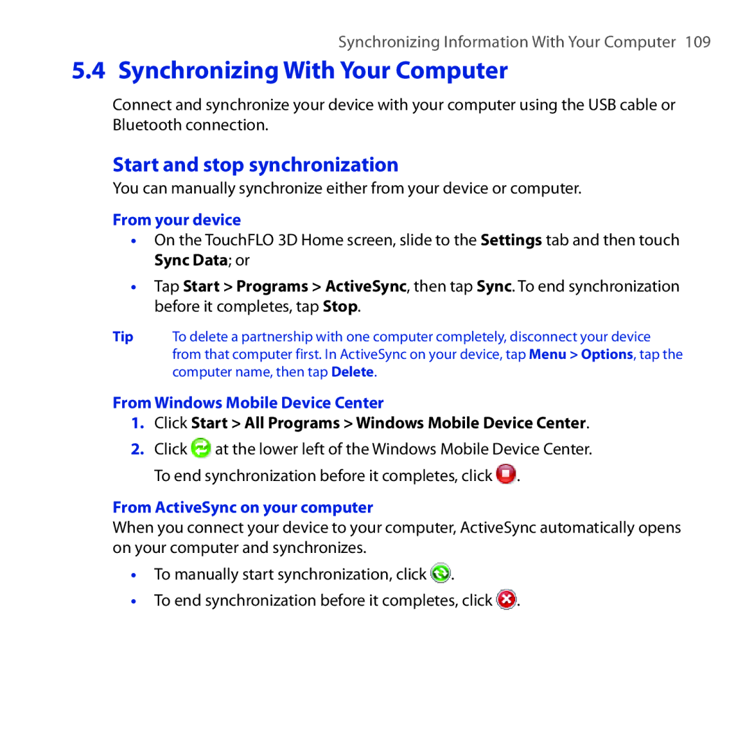 HTC FUZE user manual Synchronizing With Your Computer, Start and stop synchronization, From your device 