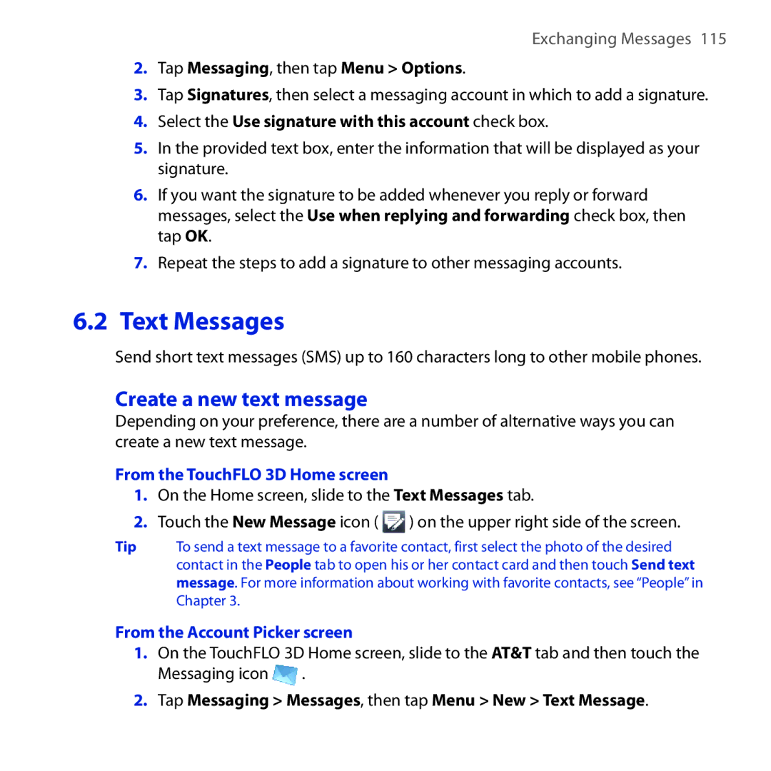 HTC FUZE user manual Create a new text message, From the TouchFLO 3D Home screen, From the Account Picker screen 