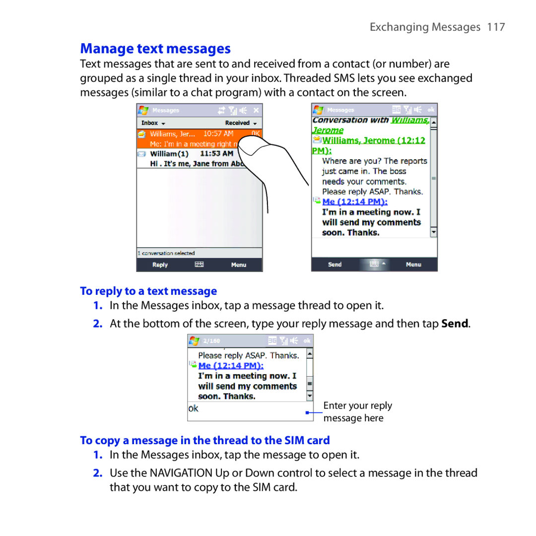 HTC FUZE user manual Manage text messages, To reply to a text message, To copy a message in the thread to the SIM card 