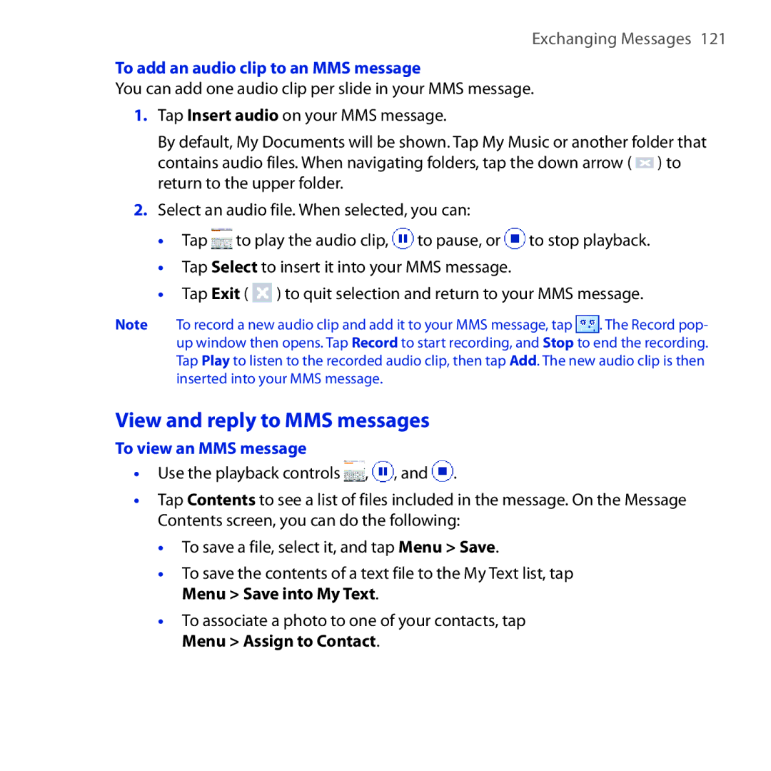 HTC FUZE user manual View and reply to MMS messages, To add an audio clip to an MMS message, To view an MMS message 