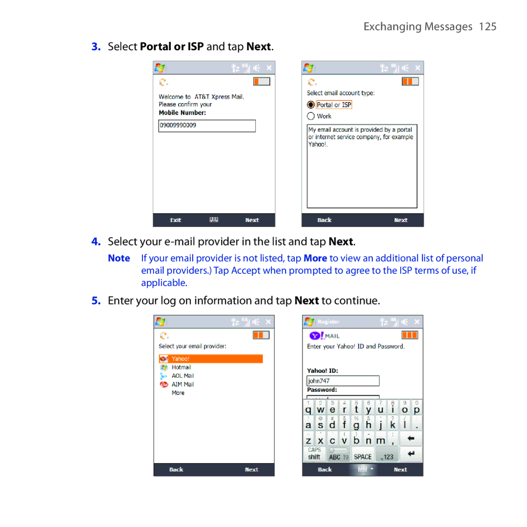 HTC FUZE user manual Select Portal or ISP and tap Next 